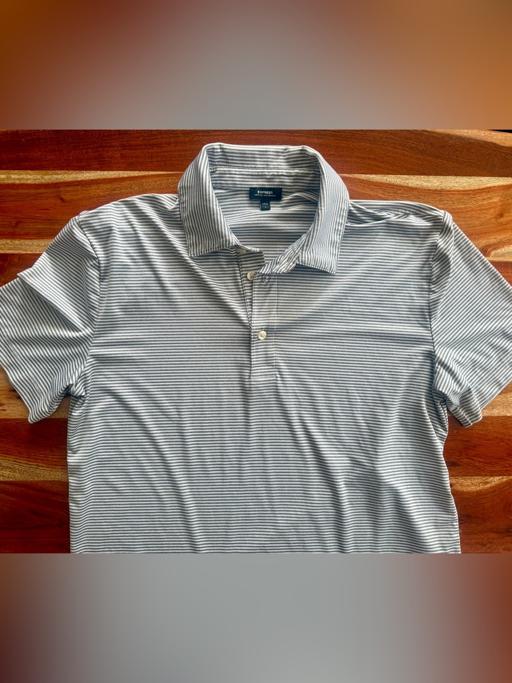 Express Men’s Small Gray & White Thin-Striped Polo Shirt